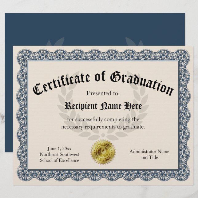 Certificat de Graduation Blue Personnalisable 8,5x (Devant / Derrière)
