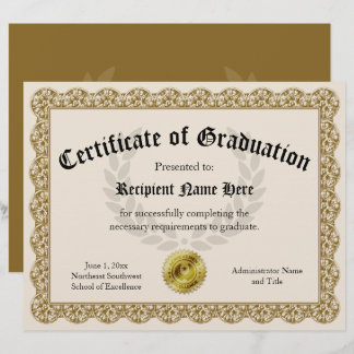 Certificat de Graduation Gold personnalisable 8,5x