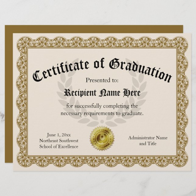 Certificat de Graduation Gold personnalisable 8,5x (Devant / Derrière)