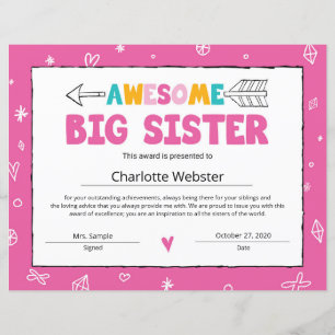 Certificat de grande soeur rose