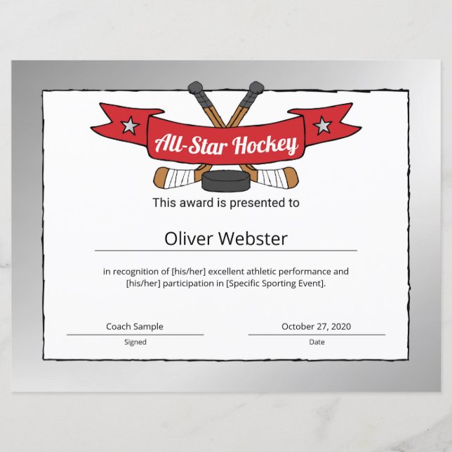 Certificat de hockey étoilé (Devant)