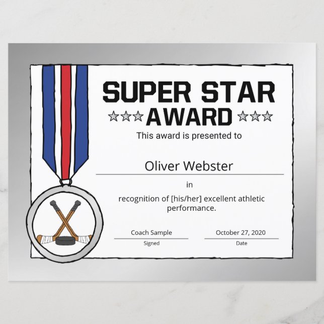 Certificat de hockey Super Star Hockey Player (Devant)