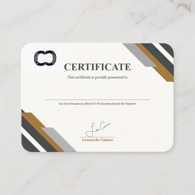 Certificat de kit de marque CC Productions (Devant)