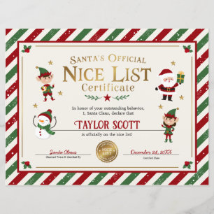 Certificat de la liste des gentils de Papa Noël