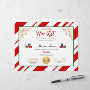 Certificat de la Nice List de père Noël