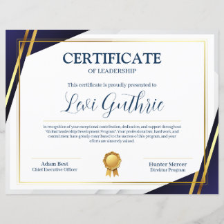 Certificat de leadership moderne bleu marine et or