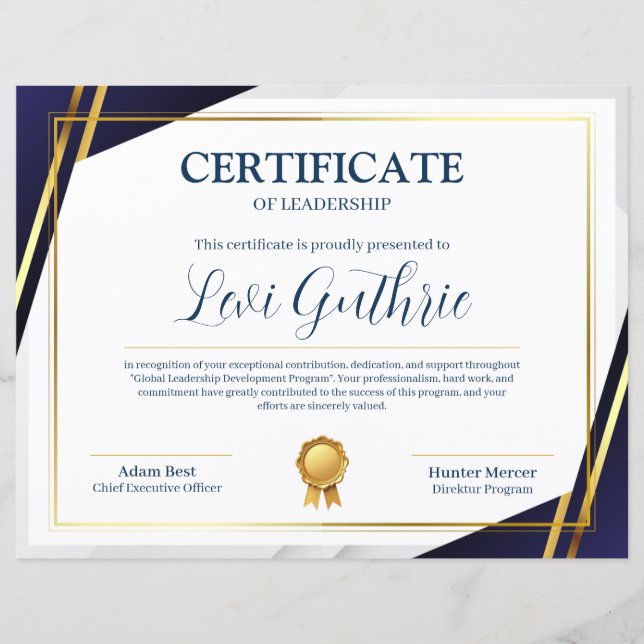 Certificat de leadership moderne bleu marine et or (Devant)