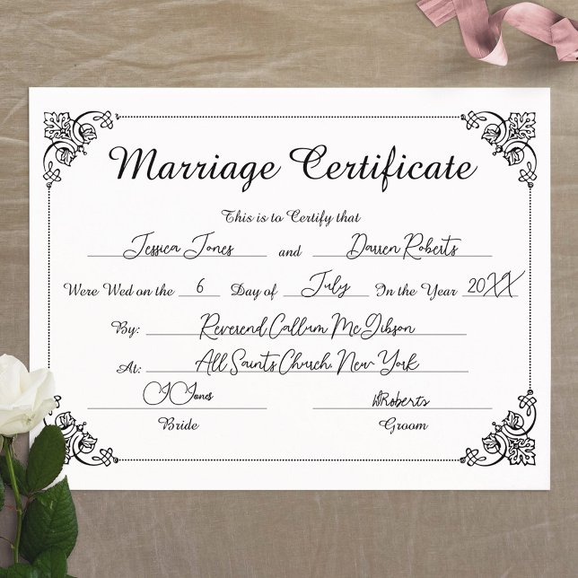 Certificat de Mariage avec Bordure et Écriture Élé (Elegant Script Border Filled Marriage Certificate)