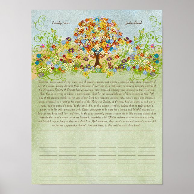 Certificat de Mariage Quaker avec Impression d'Arb (Devant)