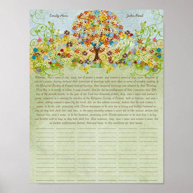 Certificat de Mariage Quaker - Impression d'arbre  (Devant)