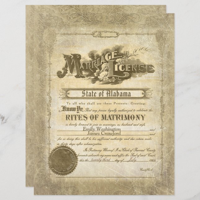 Certificat de mariage vintage (Devant / Derrière)
