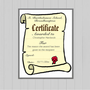 Certificat de mérite avec nom et raison de l'attri