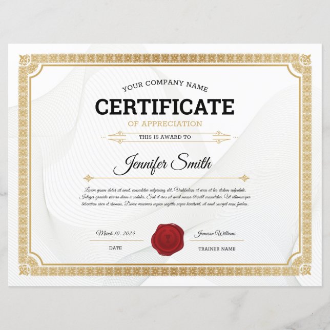 Certificat De Modèle D'Appréciation (Devant)