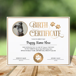 Certificat de naissance de chiot Insérer un Emprei