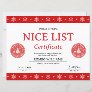 Certificat de Noël de la liste des gentils du Père
