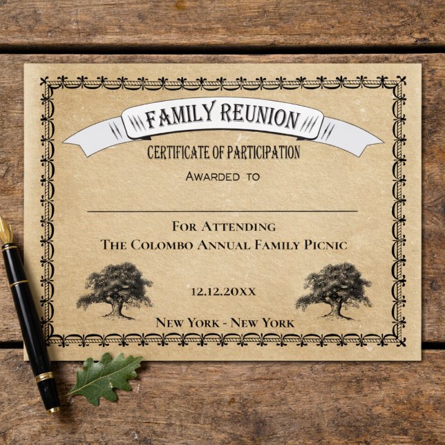 Certificat de participation à la réunion de l'arbr (Family Reunion Event Certificate. Prizes, participation, award. Family Tree Design,)