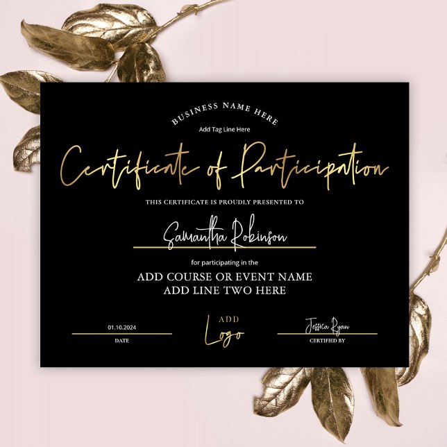 Certificat de participation Black Gold Logo Award (Elegant black and gold Certificate of Participation with space for your logo and custom text)