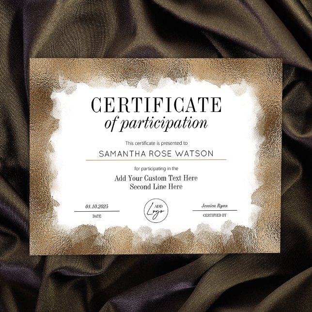 Certificat de participation Gold Parties scintilla (Elegant gold glitter effect Certificate of Participation professional diploma with custom logo)