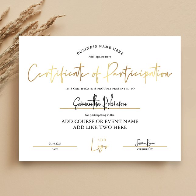 Certificat de participation Prix d'entreprise en o (Elegant white and gold Certificate of Participation with space for your logo and custom text)