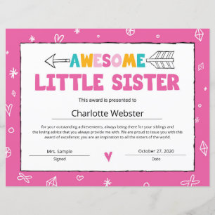 Certificat de petite soeur rose