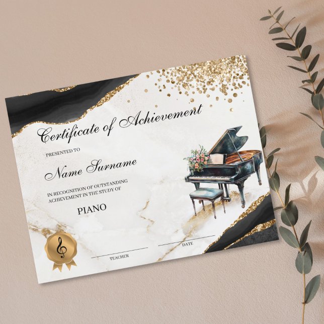 Certificat de piano École de musique Considérant R (piano recital certificate with watercolor piano and flower bouquet)