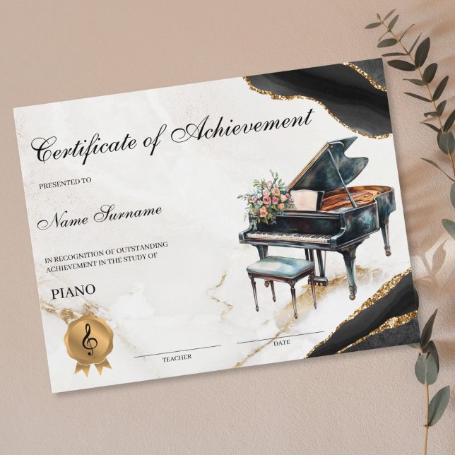 Certificat de piano École de musique Considérant R (piano recital certificate with watercolor piano and flower bouquet)