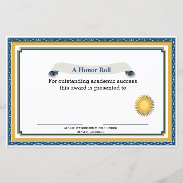 Certificat de Prix académique bleu et jaune (Devant)