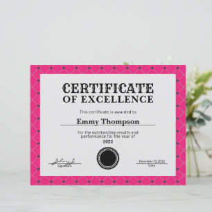 Certificat de prix de la société Hot Pink Magenta