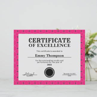 Certificat de prix de la société Hot Pink Magenta