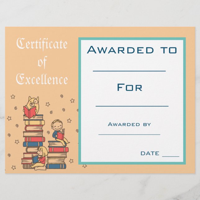 Certificat de Prix de lecture Cute Fournitures de  (Devant)