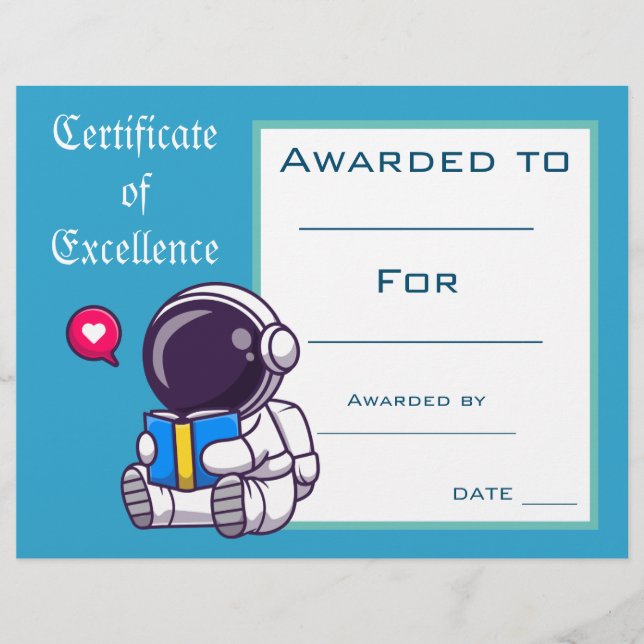 Certificat de Prix de lecture Cute Fournitures de  (Devant)