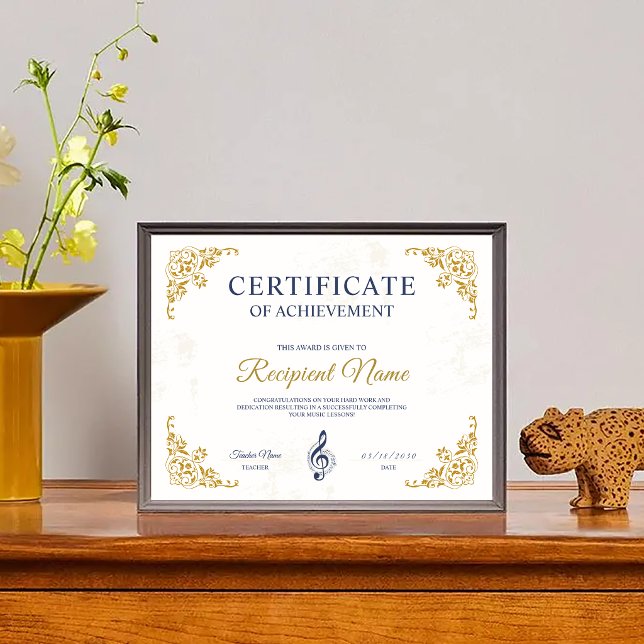 Certificat de prix de musique à cadre classe doré  (Gold White Classy Frame Music Award Certificate )