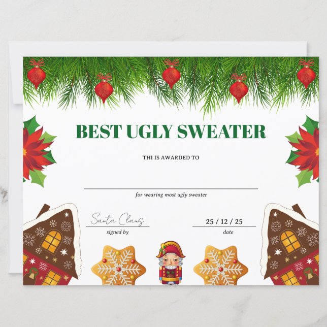 Certificat de prix de Noël du plus beau pull moche (Devant)