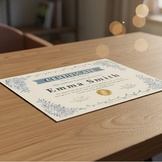 Certificat de Réalisation Floral Bleu Élégant Des (Créateur téléchargé)