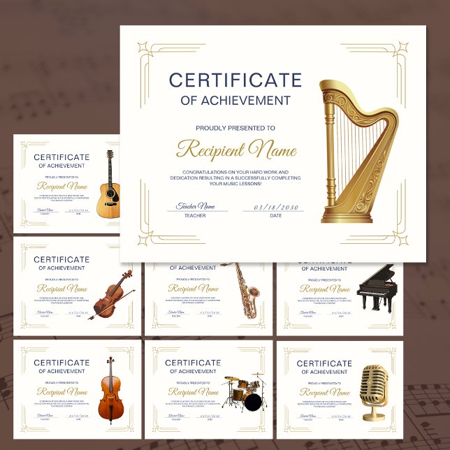 Certificat de Récompense de Cours de Musique sur C (Classy Frame Music Course Harp Award Certificate)