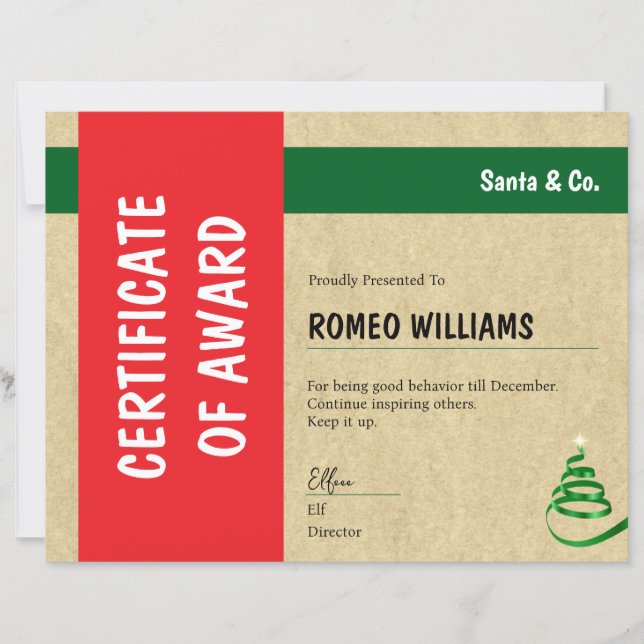 Certificat de récompense de Noël Red Green Santa & (Devant)