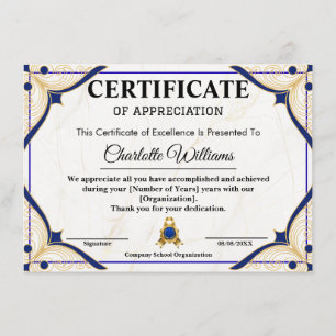Certificat de reconnaissance de l'employé bleu or