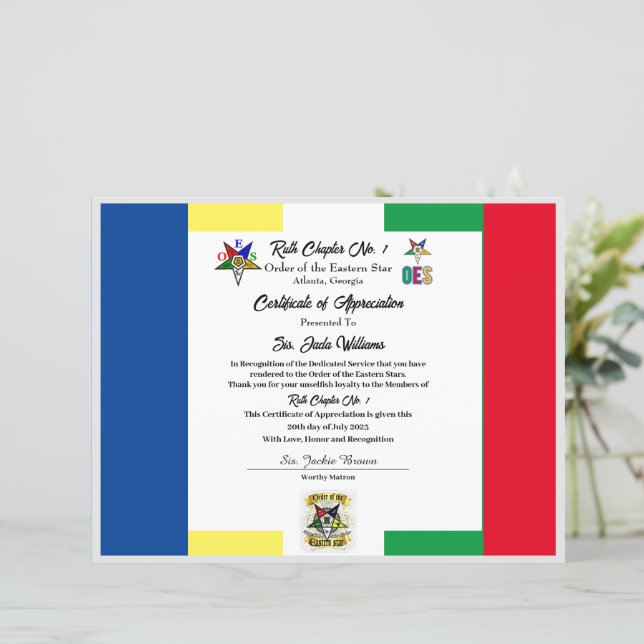 Certificat de reconnaissance de l'OES (Debout devant)