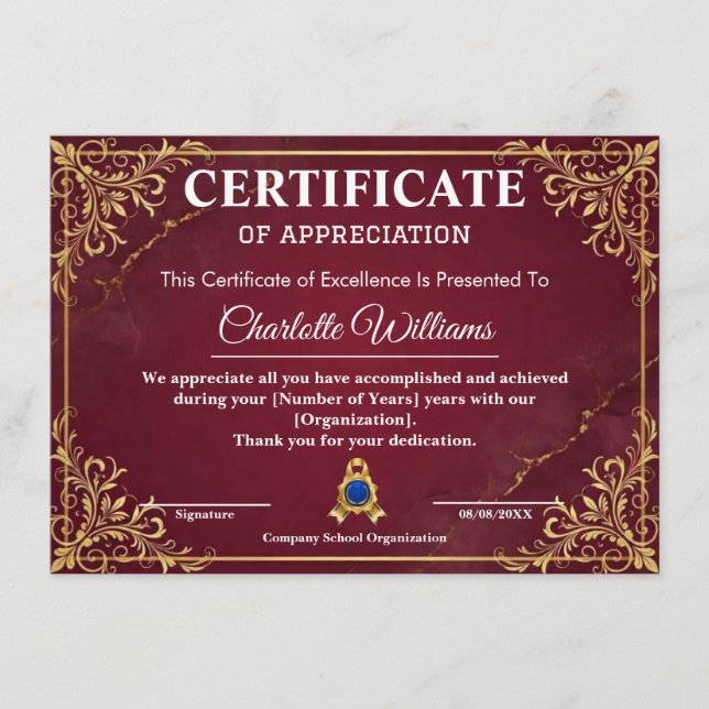 Certificat de Reconnaissance des Employés Rouge Or (Devant)