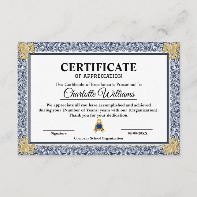 Certificat de reconnaissance Or Bleu Apprécier Réa (Devant)