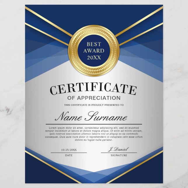 Certificat de reconnaissance vertical bleu et or (Devant)