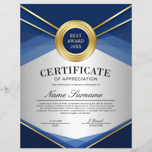 Certificat de reconnaissance vertical bleu et or