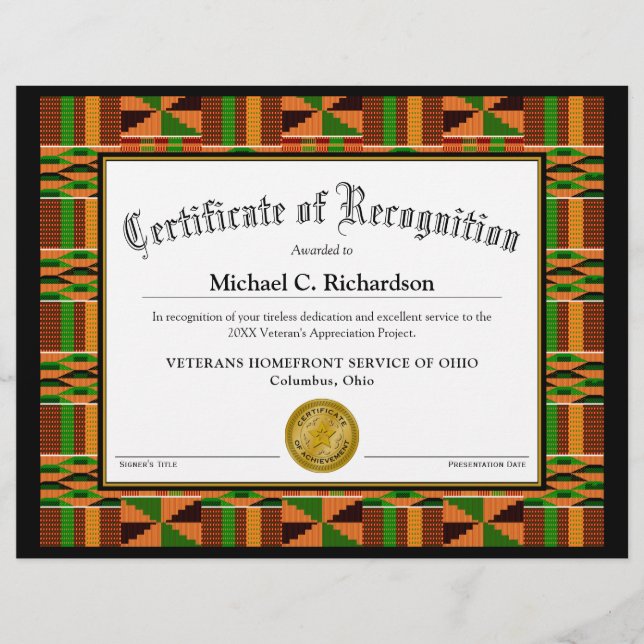 Certificat de reconnaissance Vêtements Kente Afric (Devant)