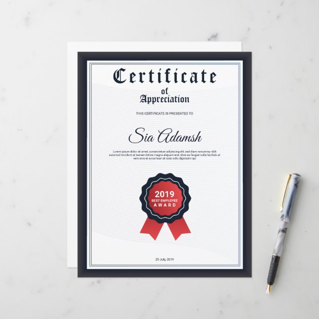 Certificat de Remerciement (Devant/Arrière en situation)
