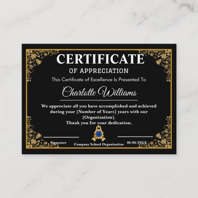 Certificat de Remerciement Luxe Noir et Or (Devant)
