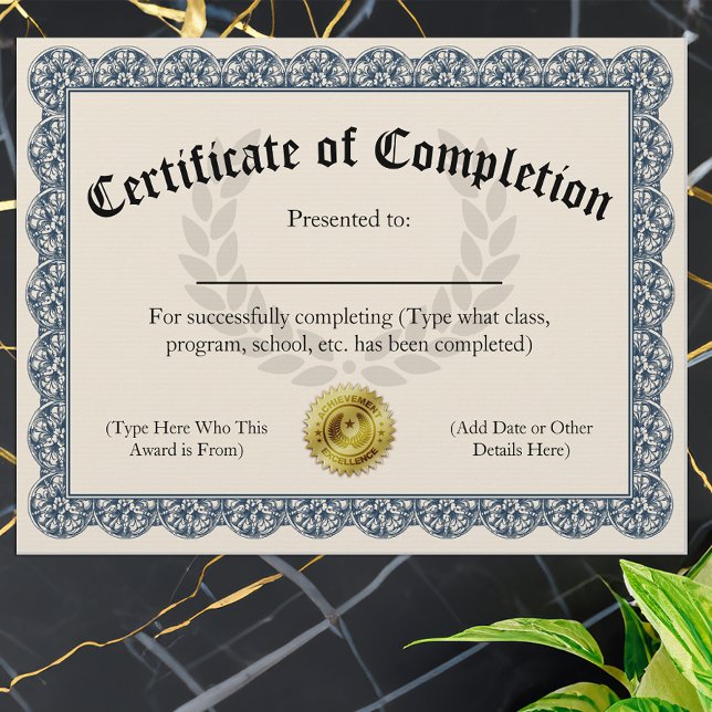 Certificat de Réussite Bleu Personnalisable 21,59x (certificate of completion)