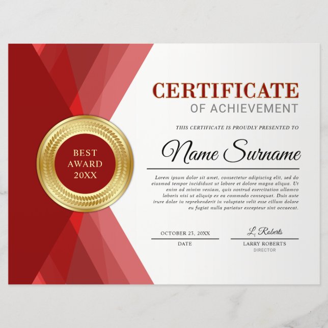 Certificat de réussite de couleur rouge et or (Devant)