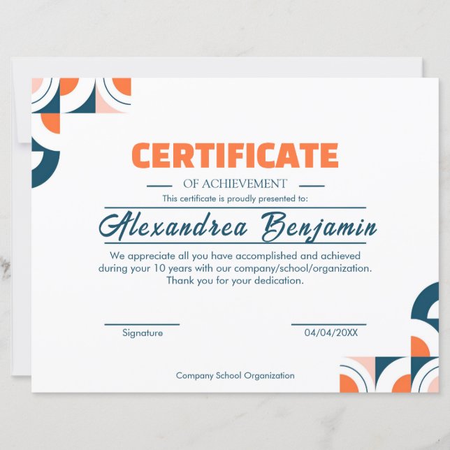Certificat de Réussite Moderne Prof Orange Bleu (Devant)