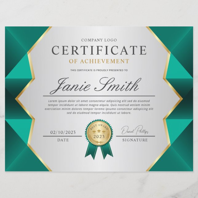 Certificat De Réussite turquoise Et Or (Devant)