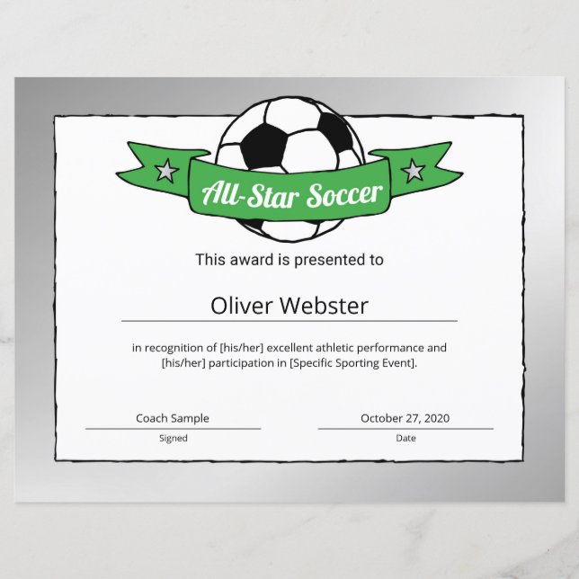 Certificat de soccer étoilé (Devant)